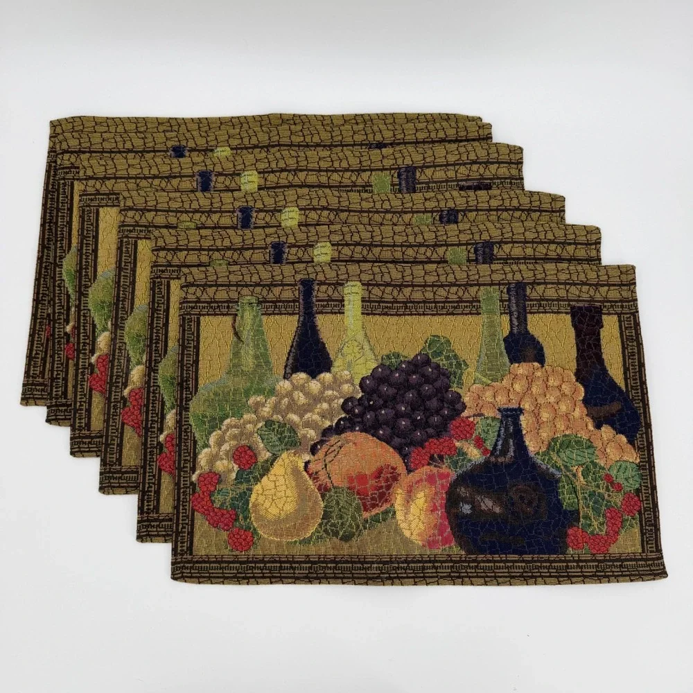 Vintage Tapestry Placemats Set Wine Grape Fruit Tuscan Italian Country Woven 6